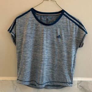 adidas Women’s Heathered Light Blue Short Sleeve Crew Tee with Navy Trim